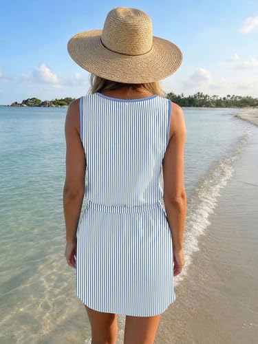 Image of SAUKOLE Womens Summer Causal Loose Sleeveless Crew Neck Drawstring Waist Mini Short Dress with Pockets