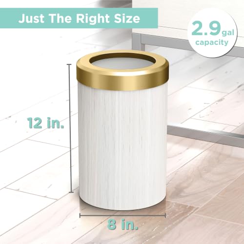 Image of Gatco Small Bathroom Trash Can with Lid, Round 3 Gallon Wastebasket, Under Sink, White Oak with Brushed Brass, for Bathroom, Bedroom, Office (1932B)