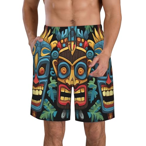 Men's Swim Trunks Quick Dry Board Shorts Mens Bathing Suit Swimsuits Colorful Tiki mask Pattern Beach Shorts with Pockets