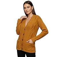 LUXFAB Womens Long Sleeve Button Top Cardigan Chunky Aran Cable Knit Grandad Style Sweater Everyday Casual Warm Knitted Ladies Cardigan UK Sizes 8-26 Mustard