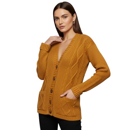 LUXFAB Womens Long Sleeve Button Top Cardigan Chunky Aran Cable Knit Grandad Style Sweater Everyday Casual Warm Knitted Ladies Cardigan UK Sizes 8-26 Mustard