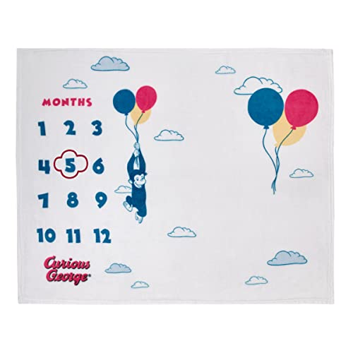 Image of Welcome to The Universe Baby Curious George White, Blue, Red, and Yellow Balloons and Clouds Super Soft Milestone Baby Blanket