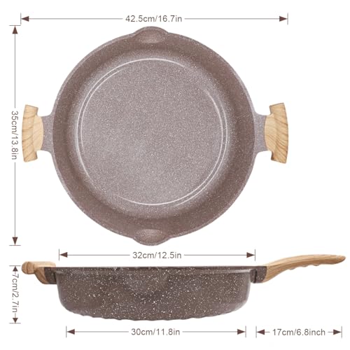 AIKENBBKK 2-in-1 Ceramic Nonstick Deep Frying Pan Skillet, 32cm Frying Pan with Lid Healthy Ceramic Non-Stick Coating, PFOA/PTFE-Free- Brown - Image 3