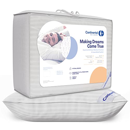 Continental Bedding 100% Cotton Shell Pillow Queen Size Set Of 2 Rds Down Feather Pillows - Pure White Hungarian Goose Down - Luxury Soft Support, Medium Sleeping Firmness - 700 Fill Power Bed Pillows #TOP3