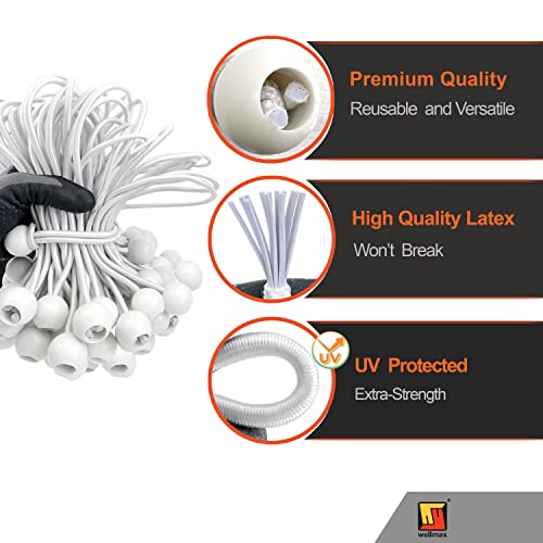6 inch 100 Piece Heavy Duty 5mm Ball Bungee Canopy Cord by Wellmax, White Color