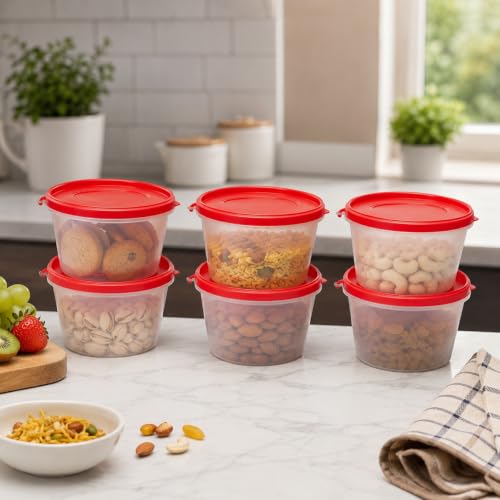 Image of Cutting EDGE Nesterware 750ml Stackable Container (Set of 6, Light Red) | BPA-free plastic, stackable design, leak-proof, kitchen storage, pantry, fridge, meal prep, reusable, travel use