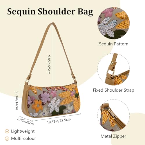 Floral Sequin Shoulder Bag for Women Beaded Vintage Small Clutch Purse Casual Wedding Party Underarm Handbag2