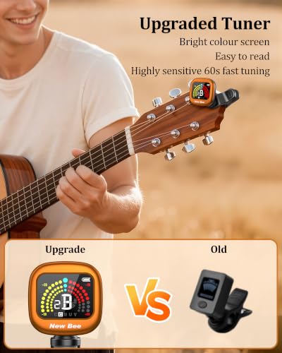 Image of New bee Guitar Tuner Rechargeable, Color Screen Clip On Tuner (Orange, 1 Pack) | 360 Rotatable, Fast & Accurate Chromatic Tuning, for Guitar, Bass, Ukulele, Violin, Cello