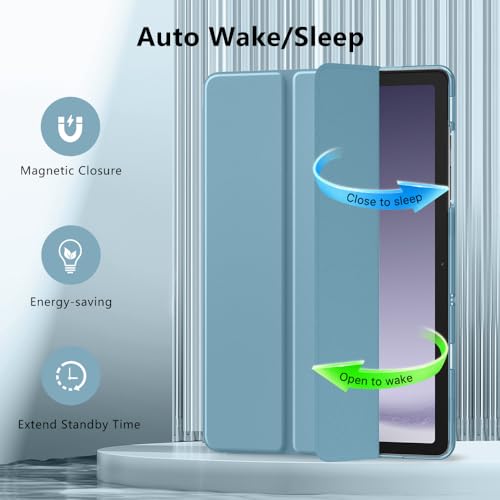 Image of MoKo Trifold Case for Galaxy Tab A9 Plus /A9+ 11 Inch 2023, Misty Blue | Slim Stand Hard PC Translucent Back Shell Smart Cover, Auto Sleep /Wake, Light, Anti-scratch, 2 Adjustable Angle