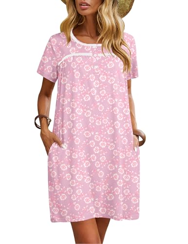 Ekouaer Women Nightgowns Short Sleeve Sleepwear Soft Pajama Dress Sleep Shirt Nightshirt Pink Print M