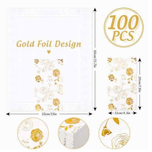 Jarthenaamcs J1163 100Pcs Roses Flower Guest Napkins Gold Foil Paper Napkin Disposable Floral Dessert Dinner Hand Napkin thumb #1
