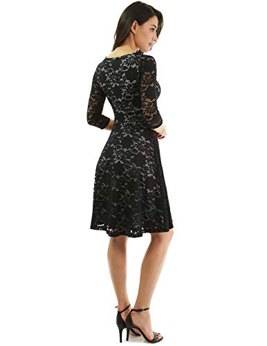 PattyBoutik Women 3/4 Sleeve Lace Overlay Fit and Flare Dress (Black and Gray Large) - Thumbnail 4