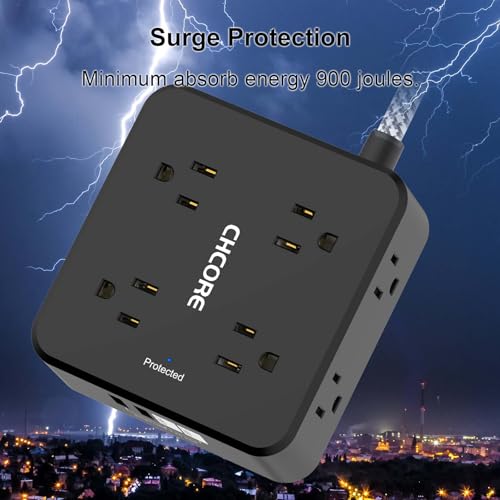 Image of Surge Protector Power Strip - CHCORE 5Ft Braided Extension Cord with 8 Outlets with 4 USB (2 USB C) Charging Ports, Flat Plug Multi Plug Outlet Extender Charging Station for Home Office, ETL, Black