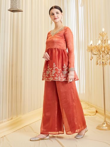Image of MOKOSH Women's Silk Embroidered Kurta Set with Dupatta | Ethnic wear | 3 Piece Outfit | Festive Kurta Set | Peplum Kurti Sharara & Dupatta | Sweetheart Neck