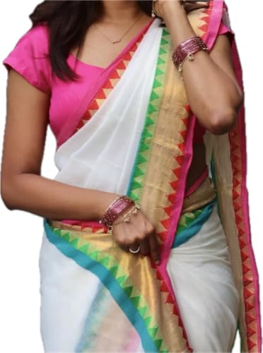 Image of Women's Mul Cotton Saree with Tassels | Soft Mulmul Saree | Woven Stripes & Zari Line | 5.5 Metres - Without Blouse