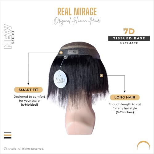 Image of Artello REAL MIRAGE Hair Patch for Men, 7D Ultimate Skin Base Toupee with Original Scalp Partition, Trim-able PU Frontal, 100% Virgin Human Hair Wig (Colour: Natural Black) (9x7)