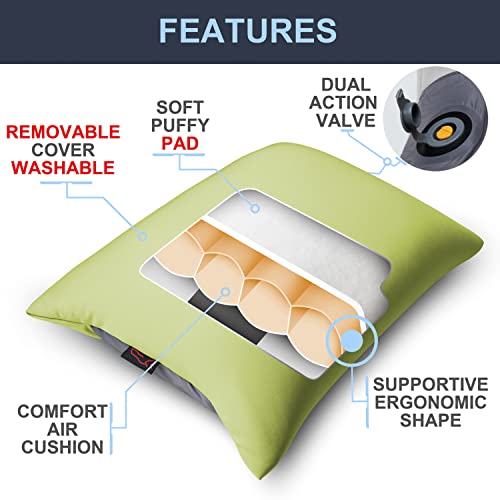 Rioyalo X-Foam Inflatable Camping Pillow Lite With Removable Foaming Cover | Comfortable, Washable Ultralight Portable With Neck Lumbar Support | Backpacking, Hiking, Travel, Air | Small (Apple Green) #TOP1