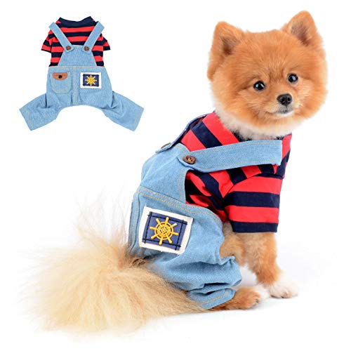 SELMAI Dog Outfits for Small Dogs Boy Girls Summer Striped Shirts with Pants Denim Shorts Jumpsuits Apparel for Cats Puppies Chihuahua Clothes Adorable Overalls for Medium Pets Spring Autumn Red XL