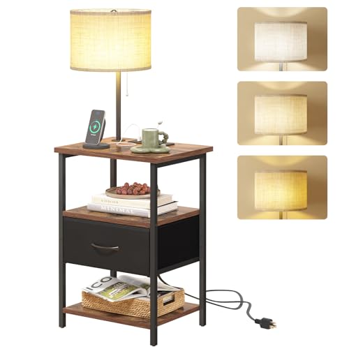 Fixwal Nightstand with Lights Bedside Table with 3 Color Temperatures Bulb Night Stand with Charging Station End Table with Adjustable Fabric Drawer for Bedroom Dorm