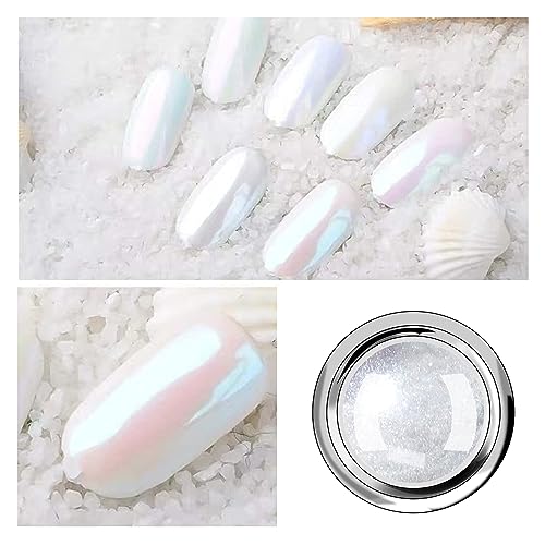 6 Pcs White Chrome Powder, Pearl Effect Nail Powder Shell Nail Glitter Dust Nail Powder with Magic Mirror Effect for Nail Art Design Decoration