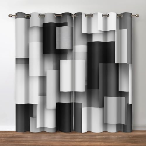 Jekeno White Black Window Curtains Abstract Brick Modern 3D Gradient Design Futuristic Cubes Geometric Plaid Cool Rod Pocket Men Boys Bedroom Living Room 2 Panels (42x54 Inch)