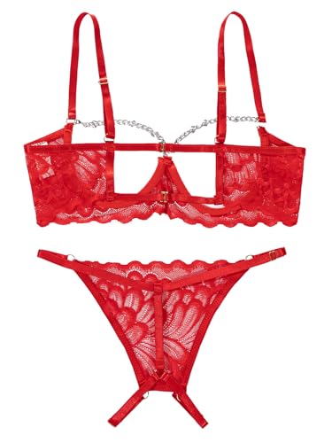 Image of Lilosy Sexy Underwire Floral Lace Sheer Lingerie Set for Women See Through Bra and Panty 2 Piece