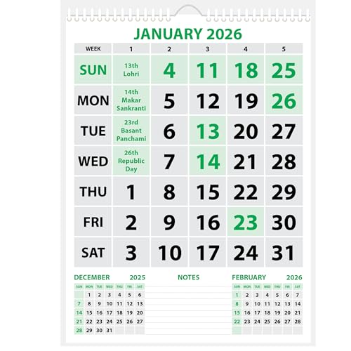 LAURET BLANC 2026 Wall Calendar -14.75" X 20" for Home & Office, Holidays Mentioned, 150GSM Art Paper (A)
