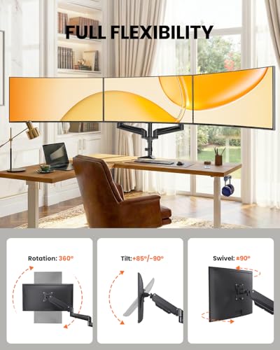 Image of ErGear Triple Monitor Mount for 3 Screens up to 32 Inch, 3 Monitor Desk Mount Holds 4.4-17.6 lbs per Arm, Fully Adjustable Triple Monitor Stand, VESA 75x75 /100x100, C-Clamp /Grommet Base