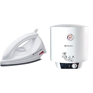 Bajaj Majesty DX 6 1000-Watt Dry Iron (White) & New Shakti Storage 10 Litre Vertical Water Heater, White, 4 Star Combo