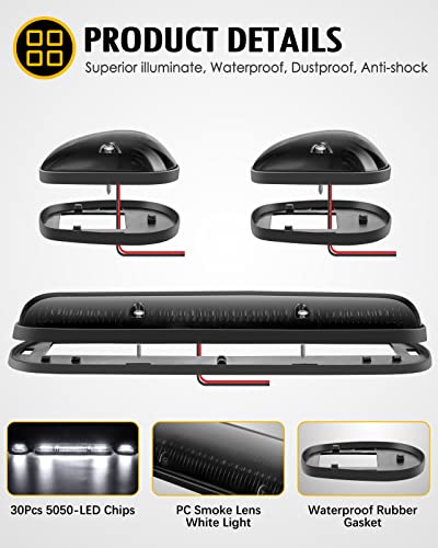 Partsam 3Pcs Smoke Cover Lens White 30 Led Cab Marker Roof Running Top Lights Assembly + Wire Pack Compatible With Silverado/Sierra 1500 1500Hd 2500 2500Hd 3500 2002-2007 Truck #TOP1