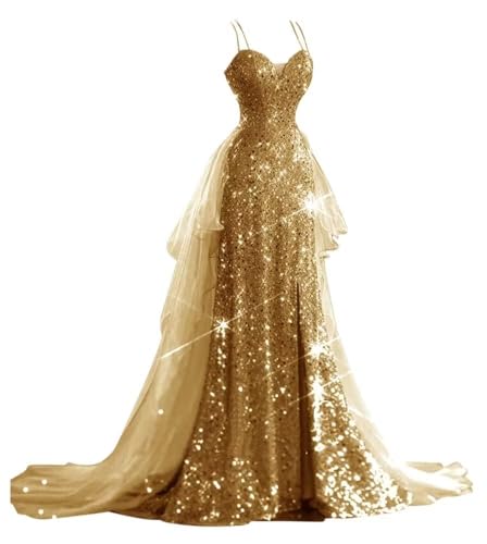 Sequin Mermaid Prom Dresses for Women 2025 2 Piece Spaghetti Straps Sparkly Tulle Wedding Dress Ball Gown with Slit