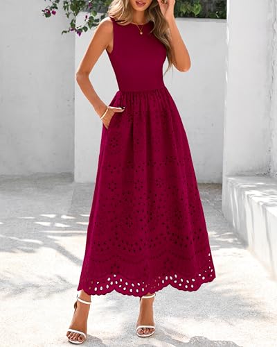 Image of dowerme Women Summer Dresses 2026 Casual Sleeveless Crewneck A-Line Boho Lace Eyelet Cotton Tank Maxi Dress with Pockets