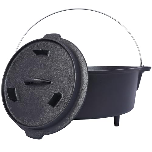 HXUHUWS Pre-Seasoned Cast Iron Dutch Oven with Skillet Lid, 8 Quart for Outdoor Cooking, Black
