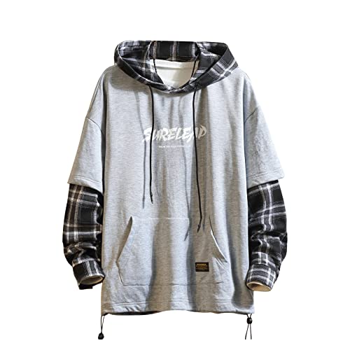 Japan Style Patchwork Hoodies Men Characters Streetwear Hoodie Men Sweatshirt (Gray801, Large)