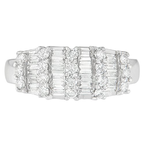 14K White Gold 1.0 Cttw Round & Baguette-Cut Diamond Vertical Alternating Row Anniversary or Cocktail Fashion Band Ring (G-H Color, SI2-I2 Clarity)