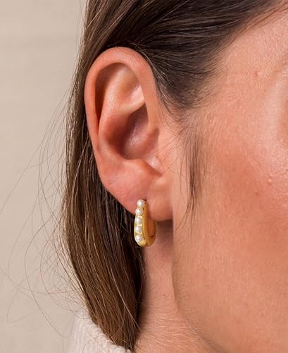 Pearl Earrings for Women - Dainty Gold Earrings Trendy 14K Gold Plated Freshwater Pearl Dangle Hoop Stud Earrings for Women Wedding Jewelry Gift for Women