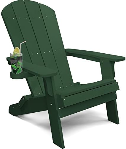 YEFU Adirondack Chair, Oversized Plastic Adirondack Chair Folding Outdoor Chairs with Cup Holder, Lawn Chair with Weather Resistant for Outside Deck Lawn Garden, Weight Capacity Up to 400 Lbs –Green
