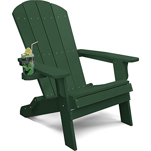 Yefu Adirondack Chair, Oversized Plastic Adirondack Chair Folding Outdoor Chairs With Cup Holder, Lawn Chair With Weather Resistant For Outside Deck Lawn Garden, Weight Capacity Up To 400 Lbs –Green #TOP22