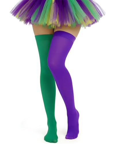 Syhood 1 Pair Mardi Gras Silk Thigh High Stockings Nylon Stocking Sheer Thigh High Stockings for Halloween Cosplay (Green+purple)