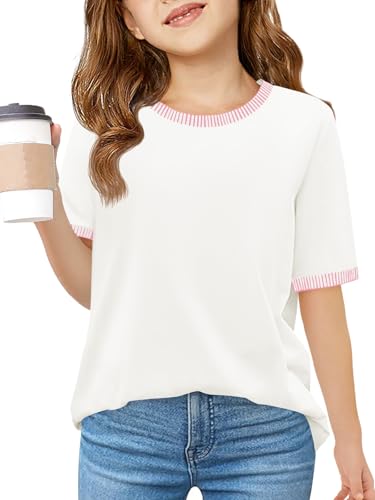 Haloumoning Girls Color Block Short Sleeve Shirts Kids Summer Striped Crewneck Tops Casual Tees 5-14 Years