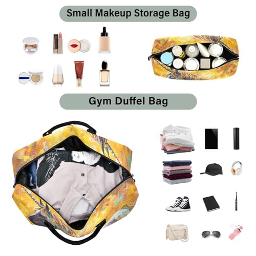 Large Travel Duffel Bag, Oil Painting Sunflower and Horse Sports Tote Gym Bag, Shoulder Weekender Overnight Bag for Women Men, Carry On Luggage with Toiletry Bags4