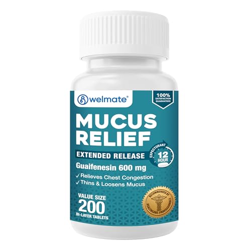 WELMATE Mucus Relief Guaifenesin 600mg Expectorant 200 Ct - Chest Congestion Relief Cough and Cold - Thins and Loosens Mucus - Immediate & Extended 12 Hour Support - Extended-Release Bi-Layer