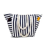 Moskus Gear Beach Bag With Inner Zipper Pocket from Tote Bag with Top Zipper and Rope Handles (Large, White and Navy Blue)