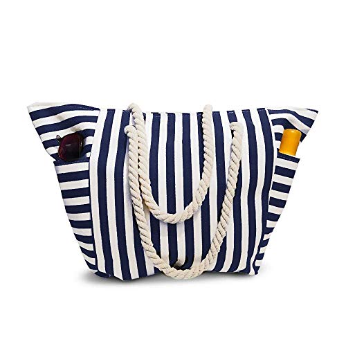 Moskus Gear Beach Bag With Inner Zipper Pocket from Tote Bag with Top Zipper and Rope Handles (Large, White and Navy Blue)