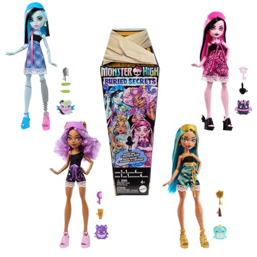 Monster High Buried Secrets Cozy Creepover Muñecas y accesorios, muñeca misteriosa y 5 sorpresas por descubrir al abrir el paquete (los personajes pueden variar), HYV64