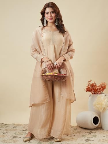 Image of MOKOSH Women's Silk Embroidery Peplum Kurta Sharara with Dupatta | Anarkali Kurta Set | Sweetheart Neck Full Sleeve Ethnic Suit | 3 Piece Outfit | Indian Kurta Outfit With Sharara