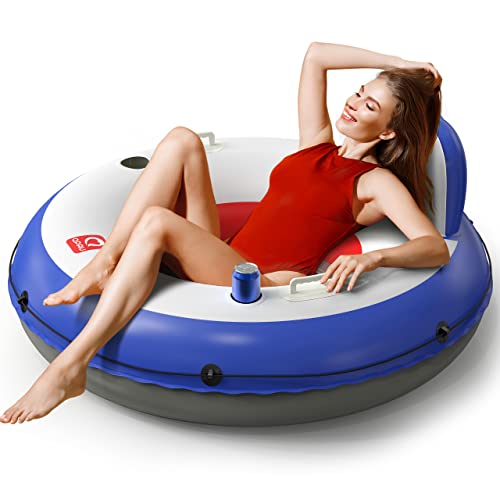 Image of QPAU Inflatable River Tube, 0.4 mm Thickened Puncture-Resistant Heavy Duty River Float, River Raft with Ergonomic Backrest, Mesh Bottom & 2 Cup Holders for Adults and Friends Lake Float
