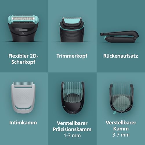 Philips Bodygroom Series 7000 – Trimmer für Männer, flexiblem 2D-Scherkopf Dreifachschutz -austauschbare Scherköpfe, Nutzung im Intimbereich, 100% duschfest, 120 Min. Laufzeit, Modell BG7480/15