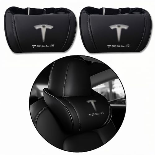 CoolKo Car Headrest Neck Pillow Support Ergonomic with Valve Stem Covers Accessory for Driving Seat Fatigue Relief Compatible with Model S X 3 Y & Cybertruck - 2 Pieces