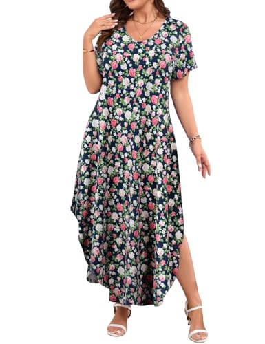 Image of JollieLovin Womens Plus Size Casual Summer Maxi Long Dress Short Sleeve T-Shirt Loose Sun Dress(L-5X)